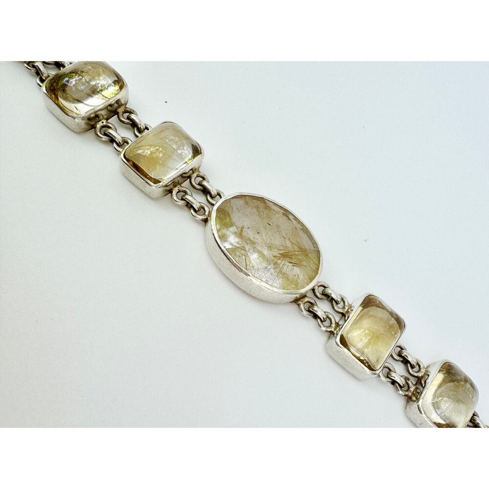 Golden Rutile Quartz Lemon Citrine Chain Link Sterling 925 Silver Bracelet